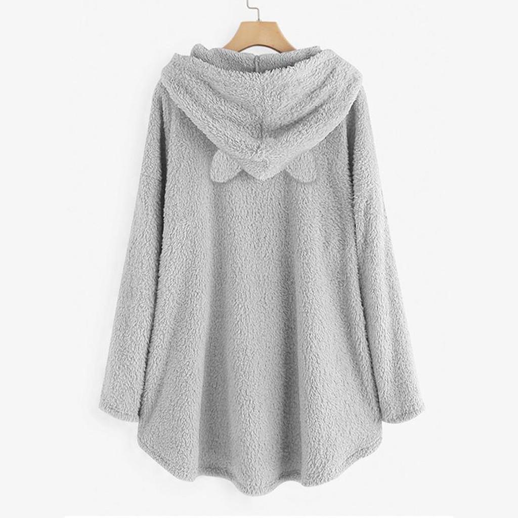 Women Fleece Embroidery Cat Ear Plus Size Hoodie Pocket Top Sweater Blouse