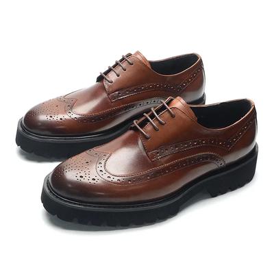 Soft Chunky Sole Men's Derby Dress Shoes Genuine Leather Brogue Wingtip Oxfords Style Casual Business Elevator Shoes Modern Man