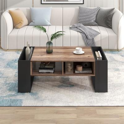 Wood Grain Coffee Table with Handle-less Drawer Open Shelf Side Storage Compartments Easy Assembly Rustic Living Room Rectangle Low Sofa Tea Table