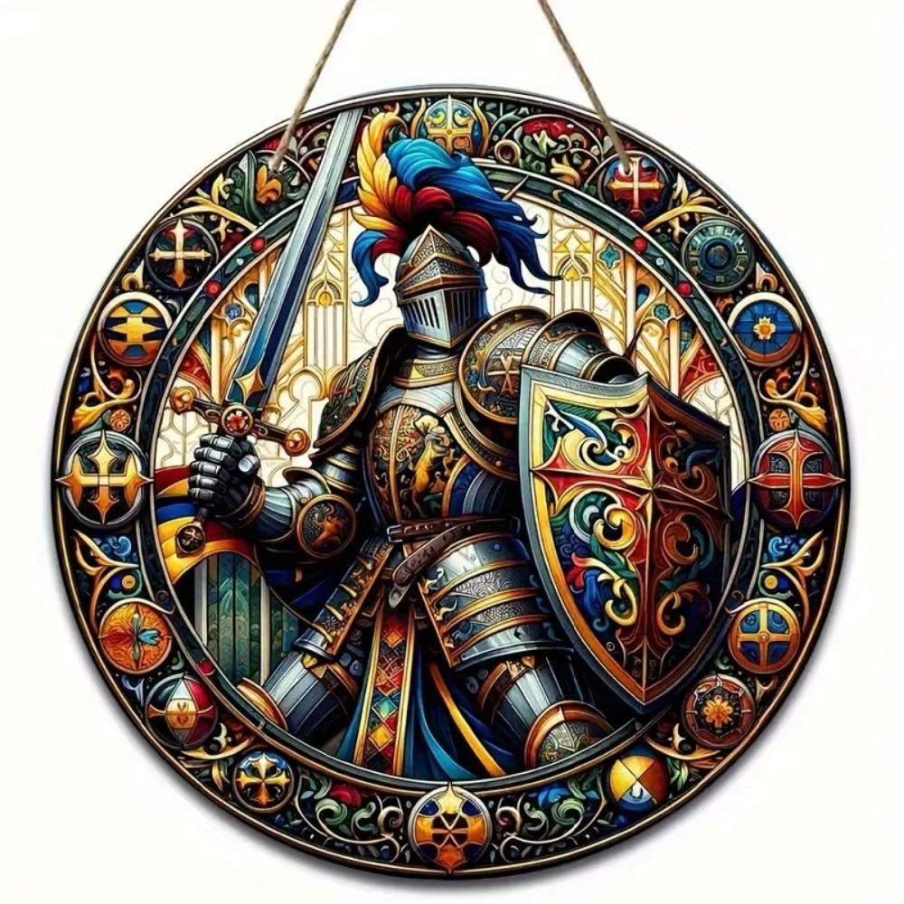 

1 шт. 2d плоский винтажный средневековый рыцарский художественный знак - 20 см круглый деревянный, бар кафе крыльцо гостиная спальня домашний декор, деревенский стиль креативный настенный декор 20cm*20cm
