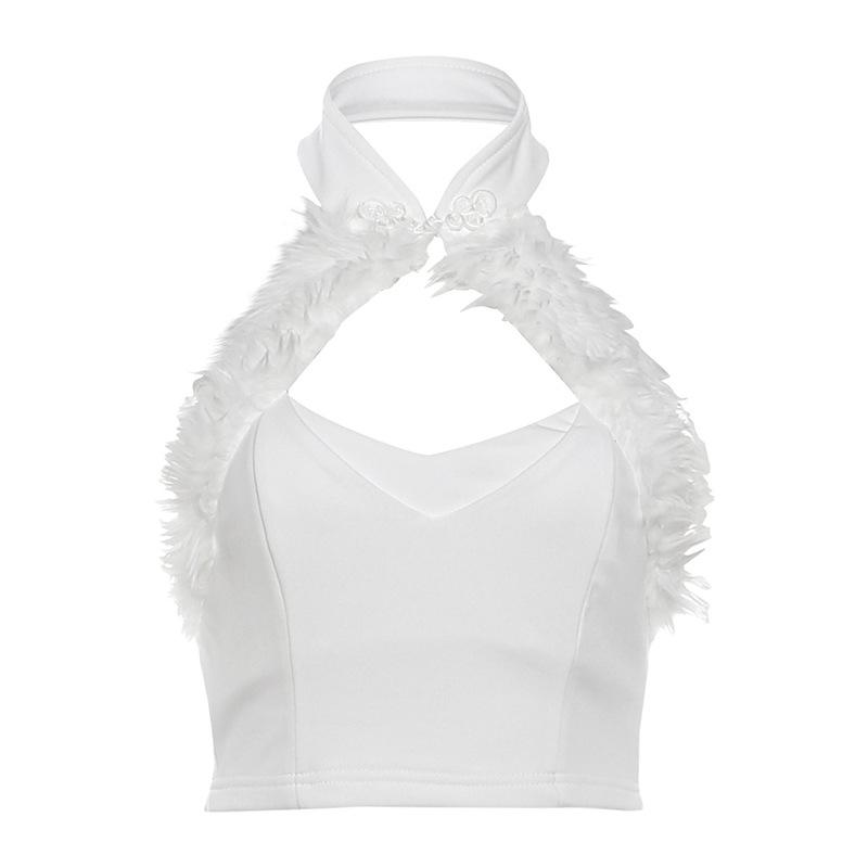 

European and American autumn new women s clothing solid color sexy babes rough edge splicing hollow short sleeveless top L білий