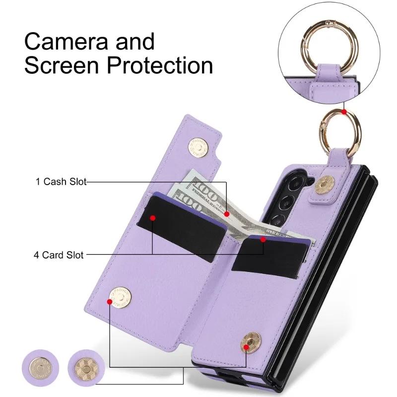 Skórzane etui na telefon z pierścieniem dla Samsunga Galaxy Z Fold 6 5 4 3 Fold6 Fold5 Fold4 Fold3 Portfel z uchwytem na rysik i przegródką na karty (Brak długopisu)