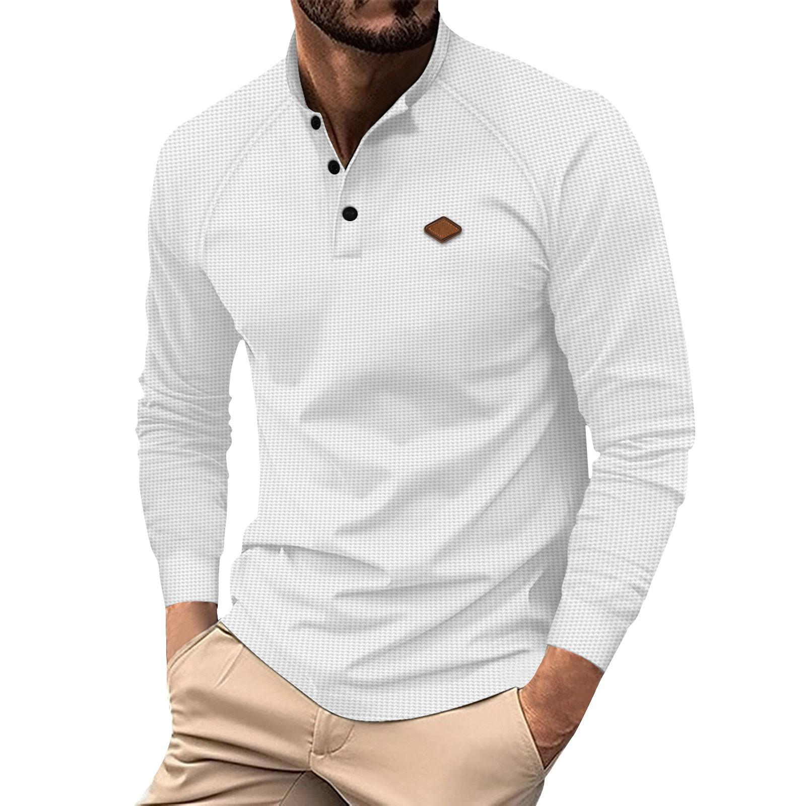 

Мужская футболка на пуговицах с круглым вырезом, однотонная спортивная модная футболка с длинными рукавами L белый