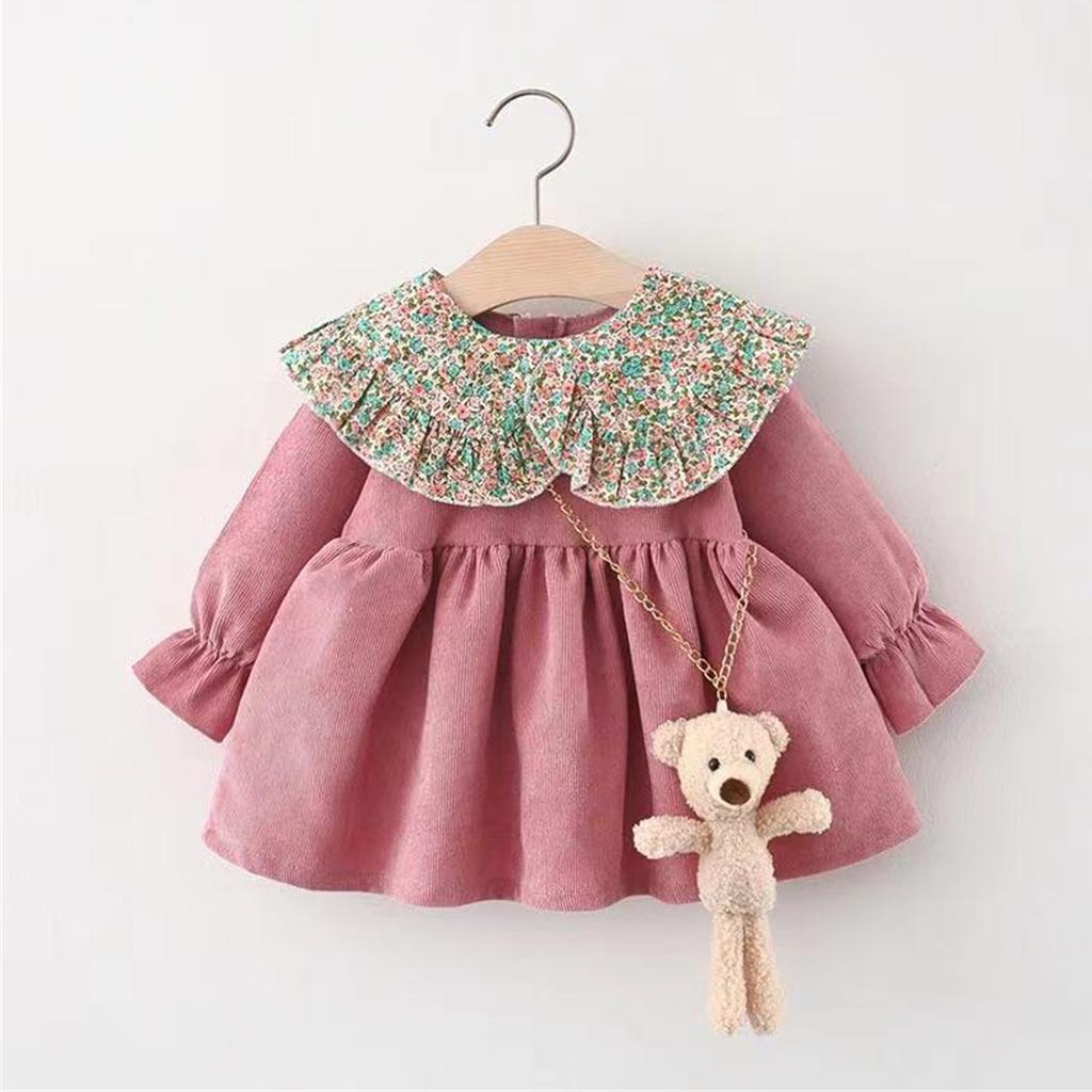 Spädbarns- och småflickas klänning i utländsk stil med söta sömmar och lång ärm + modeväska