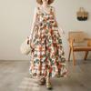 2026 Summer Cotton Linen Patchwork Long Dress with Slimming Loose Fit and Large Hem Skirt