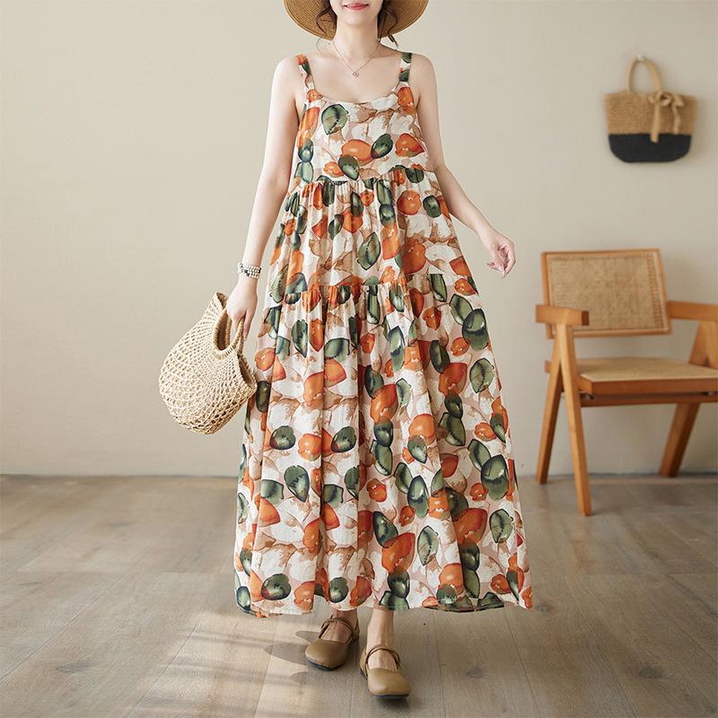 2026 Summer Cotton Linen Patchwork Long Dress with Slimming Loose Fit and Large Hem Skirt