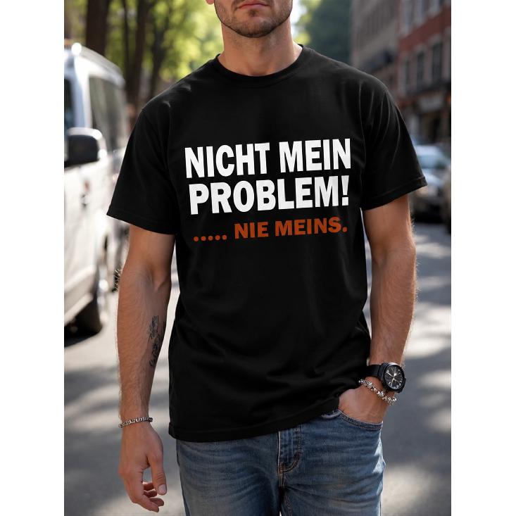 Men s Funny German Saying Graphic T-Shirt, Nicht Mein Problem Slogan Tee, Short Sleeve Crew Neck Cotton Top For Casual Streetwear S чёрный