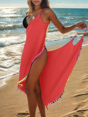 Vestido de Playa Colorido sin Espalda con Flecos de Bola para Mujer Cubre Bikini