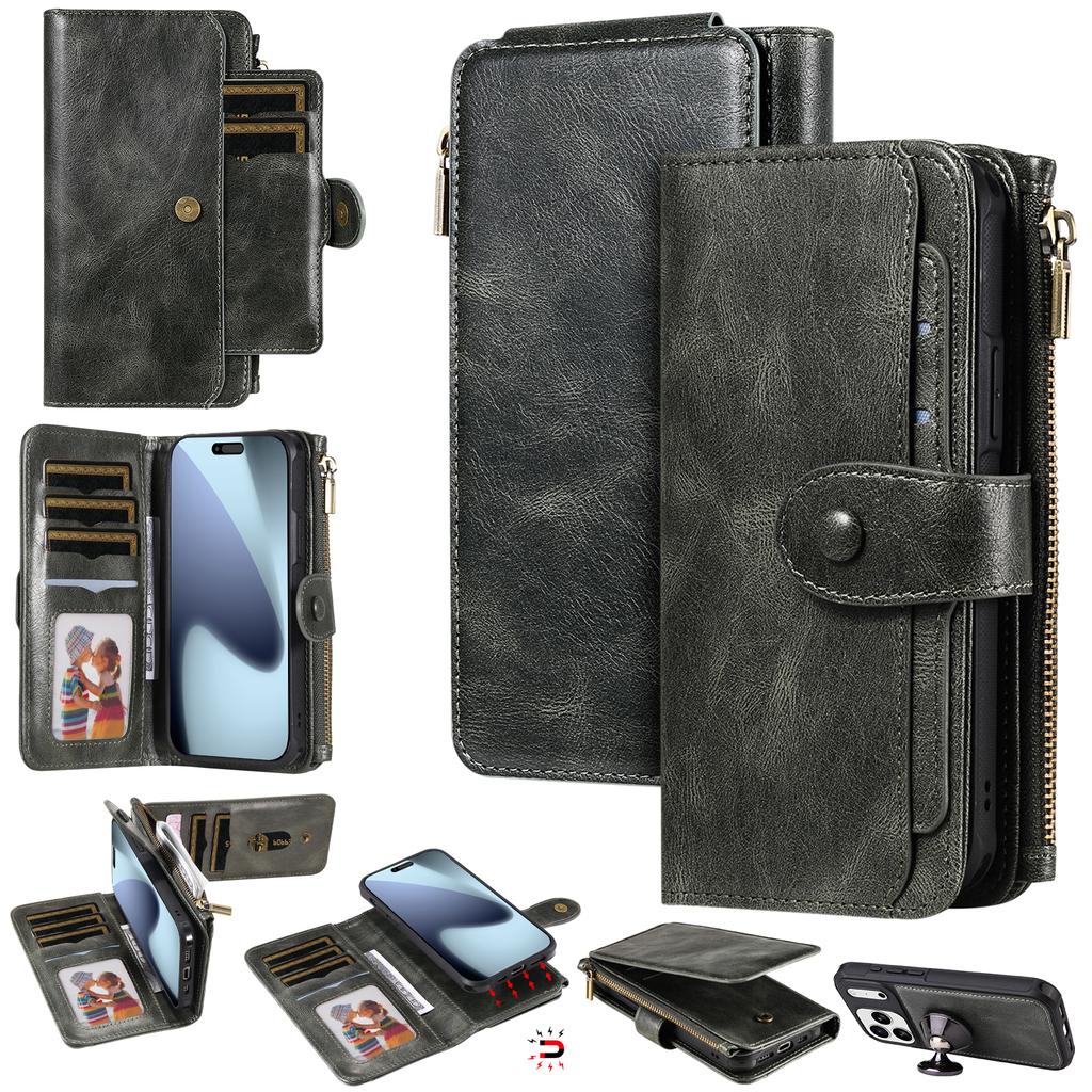 For iPhone 17 Pro Max Phone Case PU Leather Zipper Wallet Detachable Cover