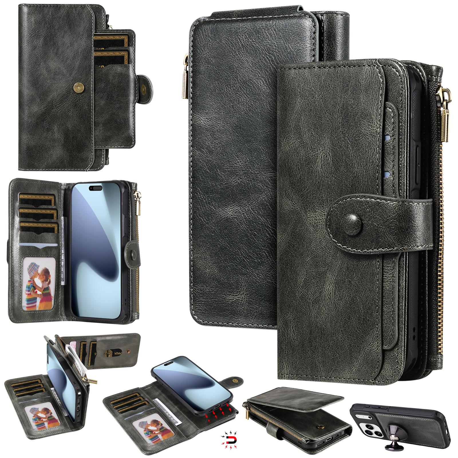 For iPhone 17 Pro Phone Case PU Leather Zipper Wallet Detachable Cover A