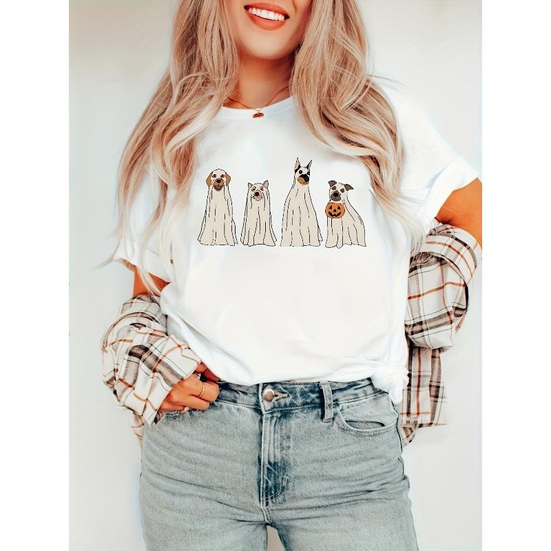

Women S Ghost Dog Halloween T-Shirt - Black Casual Crew Neck with Pumpkin & Bats Design, Fall Seasonal Tee for Halloween, S белый