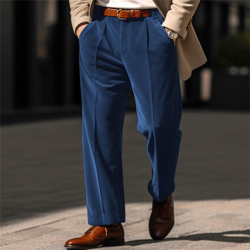 Pantaloni Eleganti da Uomo in Velluto a Gamba Dritta con Tasche Anteriori per Affari e Vacanze