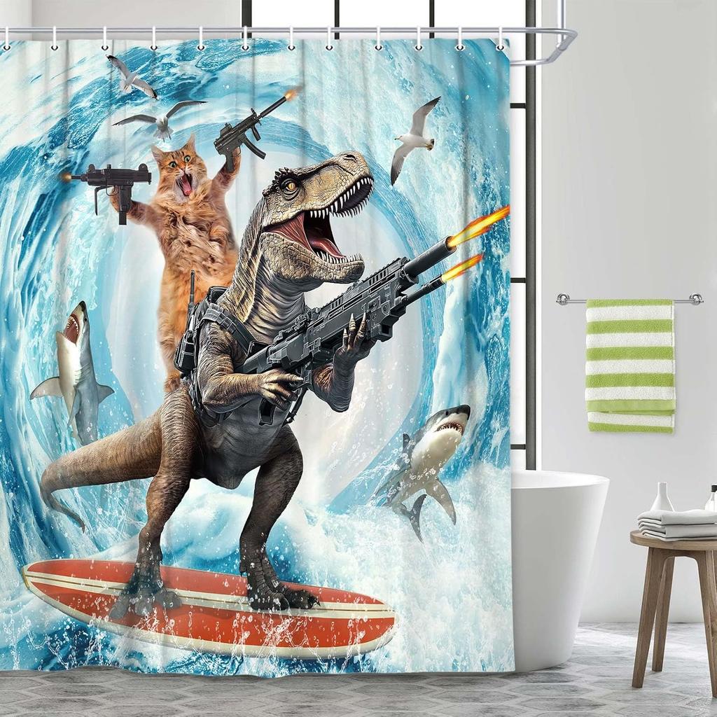 Lustiges Katzen-Duschvorhang-Set, Niedliche Katze reitet Dinosaurier-Thema Ozean-Vorhänge für das Badezimmer, Lustige maritime Kinderdekoration, Polyestergewebe