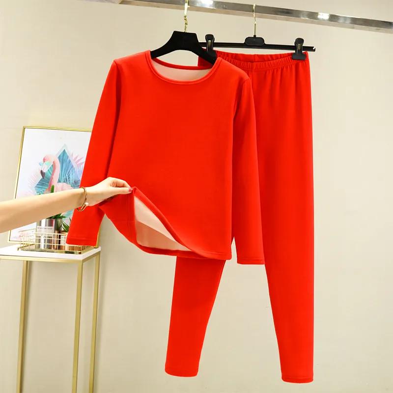 Women's Autumn and Winter Thick Woolen Thermal Underwear Set with Solid Color Base Top and Pants Two-piece Set