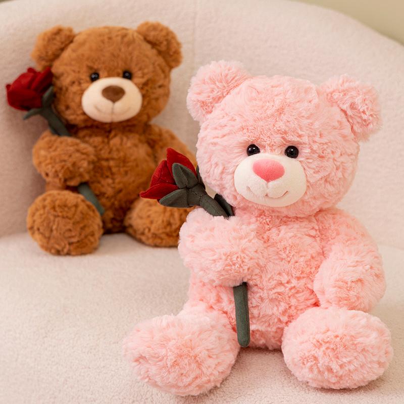 30cm Creative Cartoon Rose Bear Plush Doll Brown Pink Curly Animal Bear Plush Toy Home Decor Valentine's Day Gift for Girlfriend