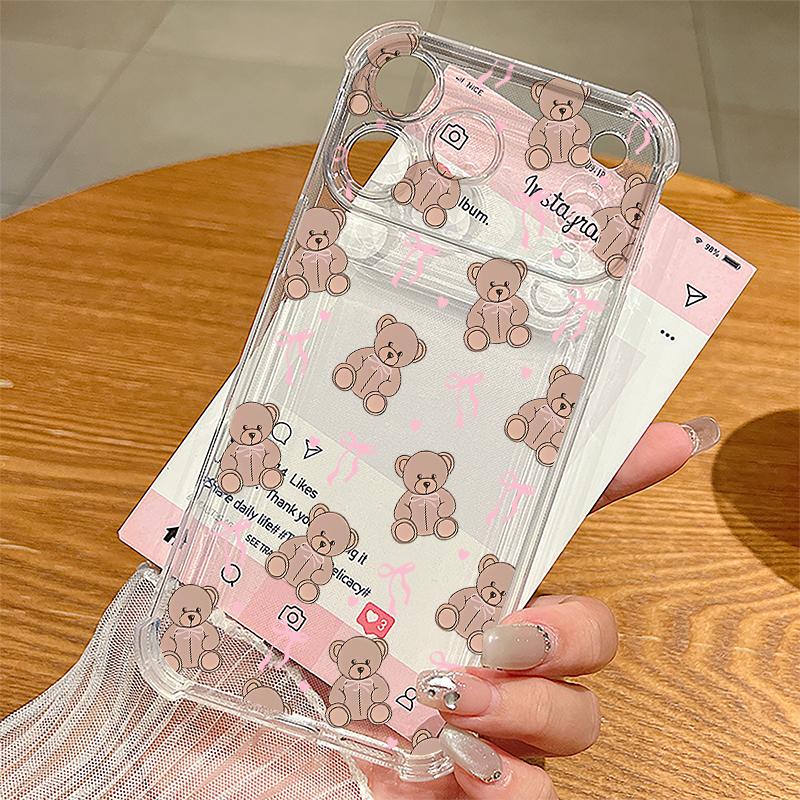 Cartoon Bear Pattern Phone Case For iPhone 17e 17 16 15 Pro Max 14 13 Pro 16 Shockproof Clear Soft Card Slot Pocket Back Cover