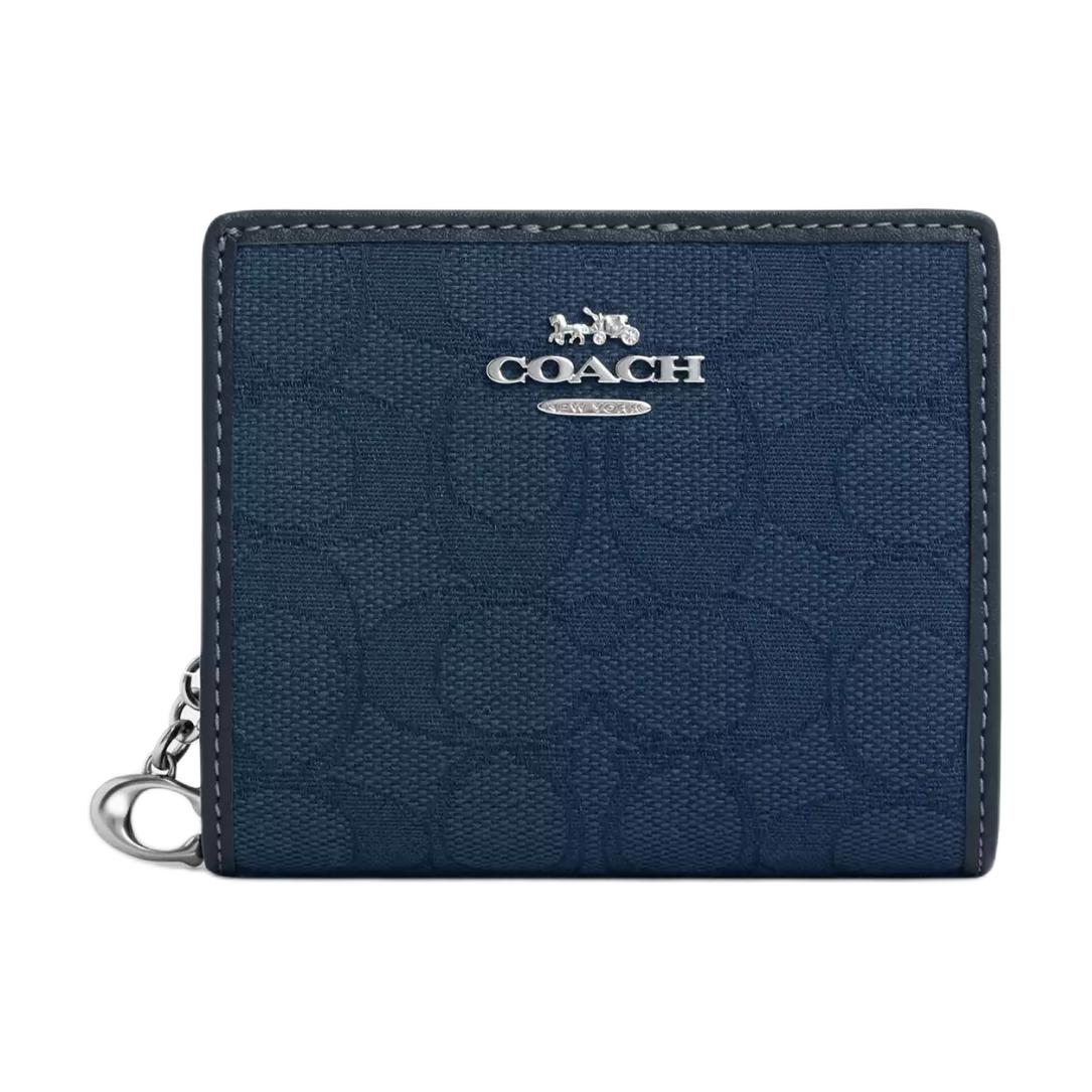 

Coach Snap Wallet 11 Monogram Logo Button Closure Signature Jacquard Leather Fabric Wallet Women wallet Silver Dark-Denim CU401-SVPM1 Silver with Dark Denim