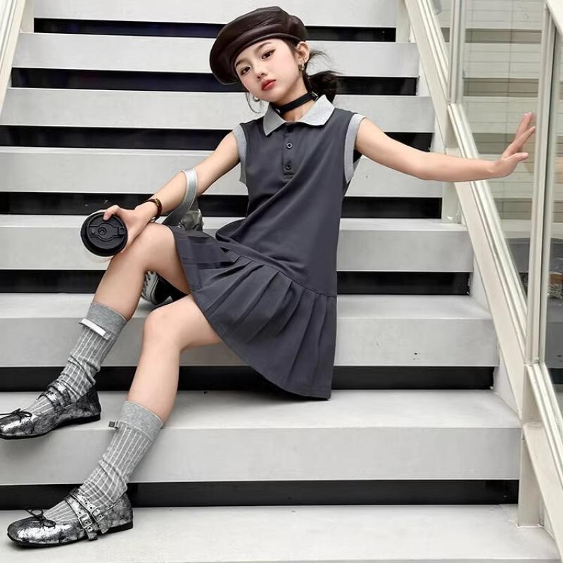 Girls Summer Polo Collar Sleeveless Pleated Dress Preppy Vest Skirt For Big Kids