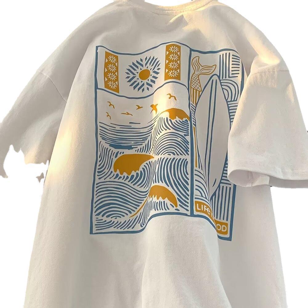 Men's Oversized Ethereal Letter Print Pure Cotton Short-Sleeve T-Shirt - American Street Style