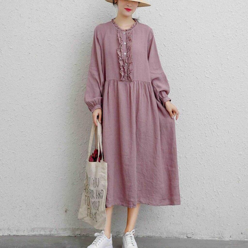 

Johnature винтажные льняные женские платья осенние оборки на воротнике и пуговицах свободное 3 цвета женское платье