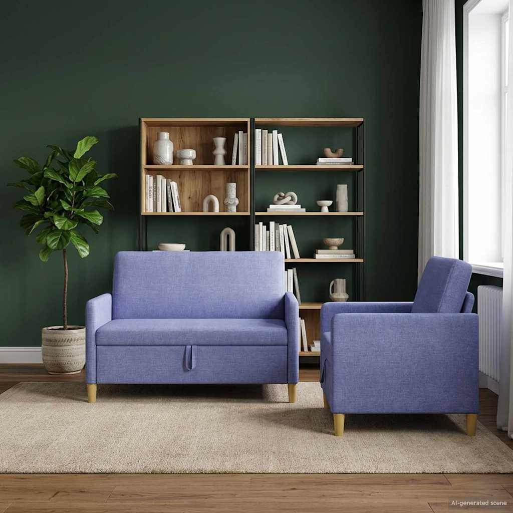 2 Piece Storage Sofa Set in Jeans Blue Polyester