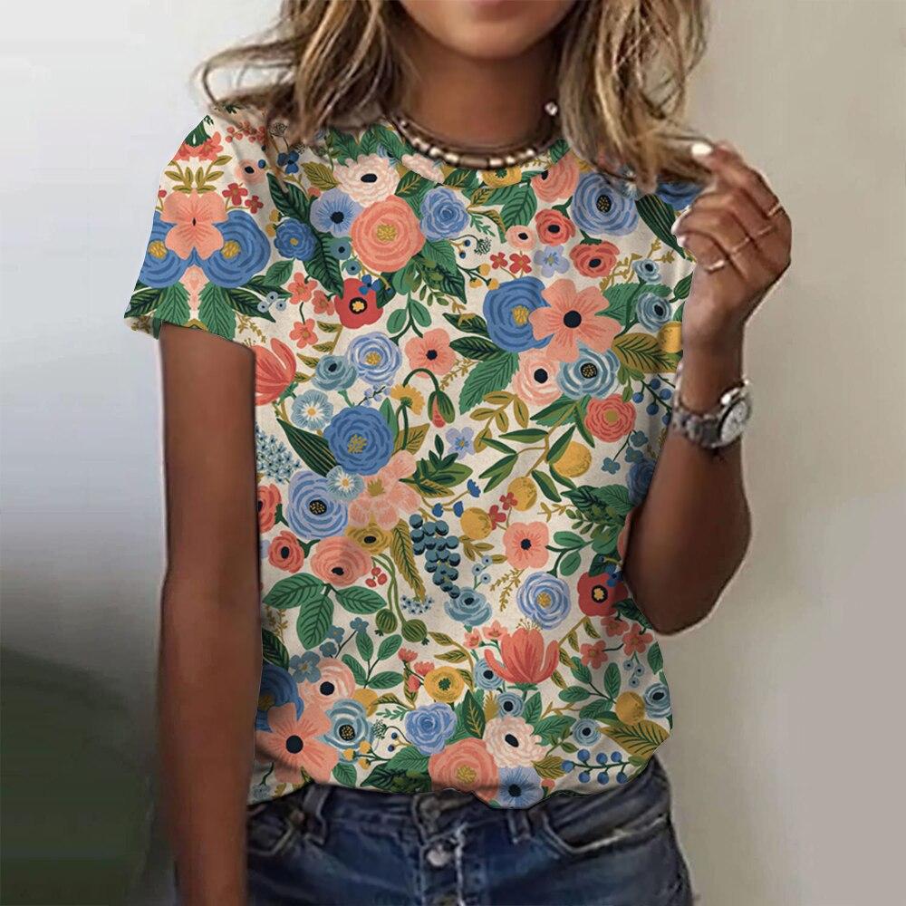 Summer Round Neck 3D Flower Pattern Printed Top Fashionable Casual Short Sleeved Women's T-shirts