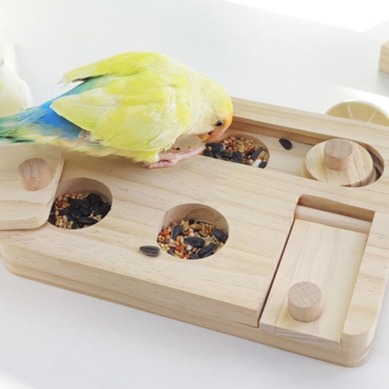 Wooden Bird Foraging Toy with Enrichment Puzzle for Training & Chewing Natural Wood Stand Platform Feeder Cage Decors