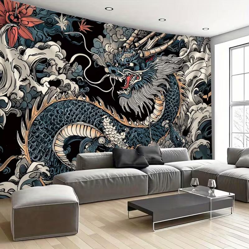2D Oriental Dragon Wave Tapestry Black Background Home Background Cloth