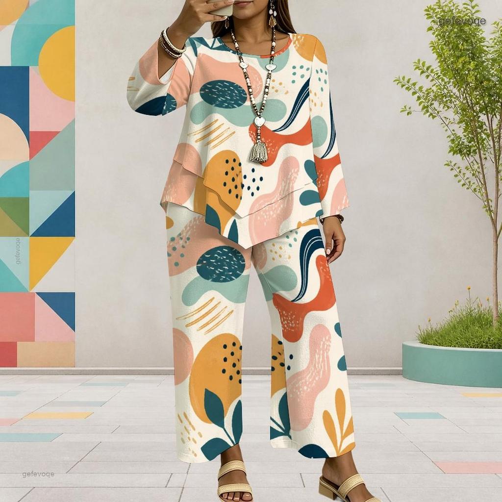 Women Plus Size Printed Round Neck Long Sleeve Layered Top Wide Leg Cropped Pants Two Piece Set