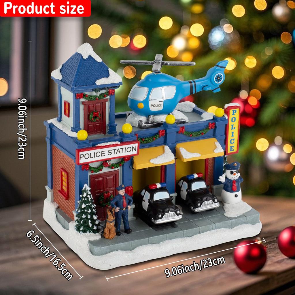 Animated Christmas Village Police Station Lighted Musical with Moving Car & Rotating Helicopter Collectible Building for Holiday