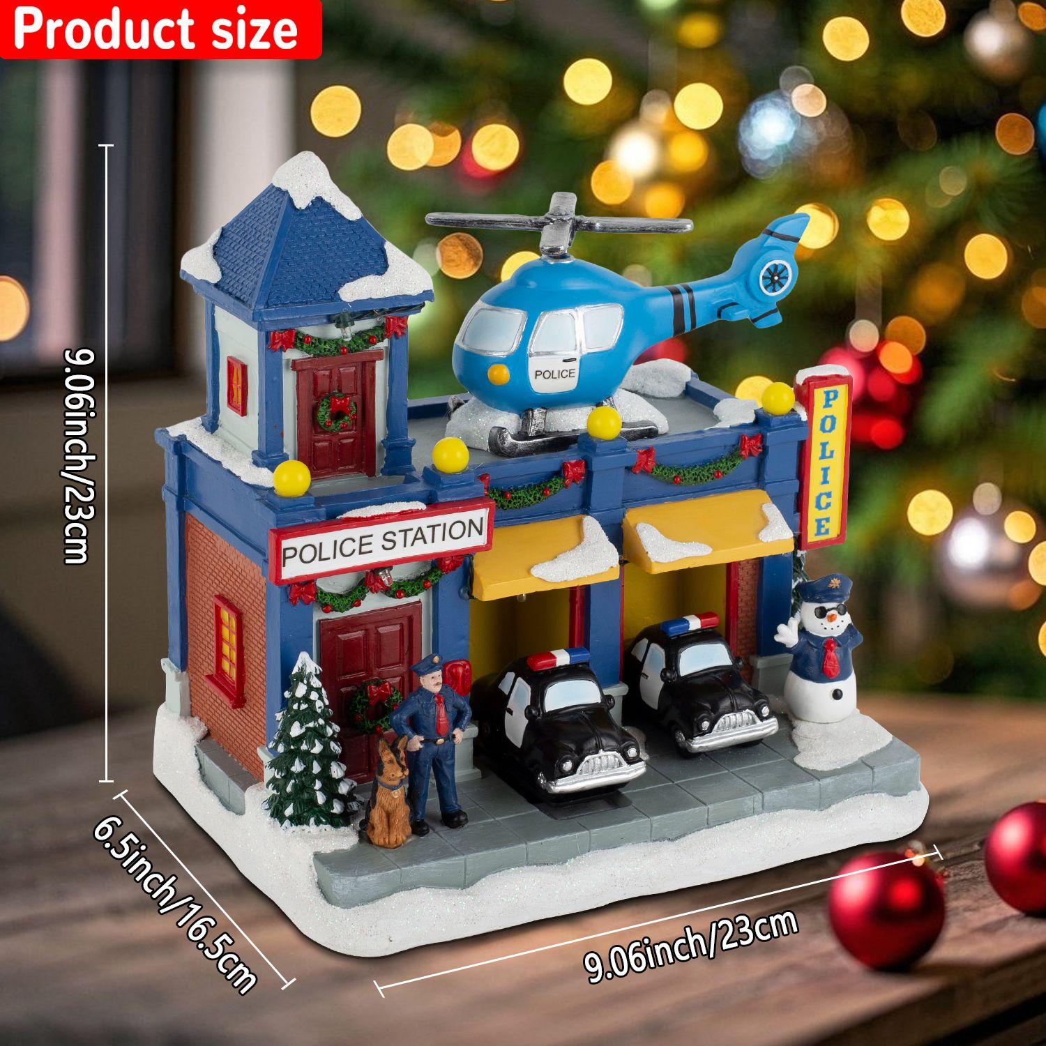 

Animated Christmas Village Police Station Lighted Musical with Moving Car & Rotating Helicopter Collectible Building for Holiday