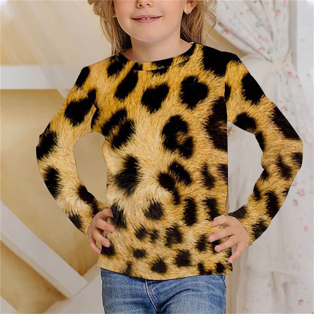 Animal Tiger Skin Children's 3D Digital Printing Girl Fashion Trend Round Neck Long Sleeved T-shirt