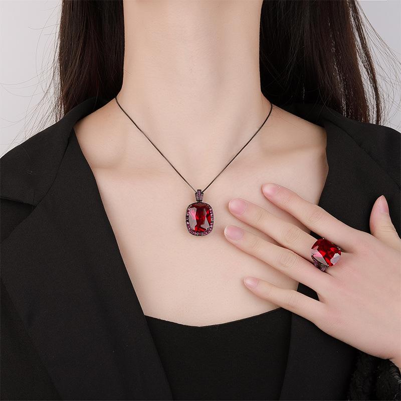 Jewelry Copper Bottom Gold-Plated Simulation Red Corundum Fat Rectangular Black Gold Personalized Set 15 * 20