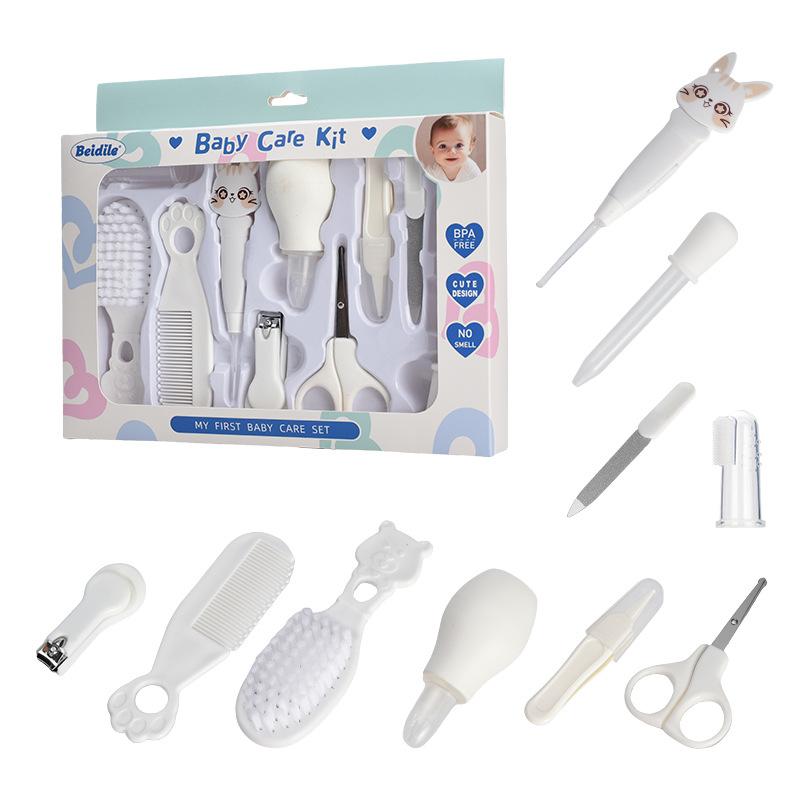 

Набор детских кусачек для ногтей из 10/12 предметов с ухочисткой, термометром, назальным аспиратором | Набор для ухода за новорожденным в сером и белом цвете