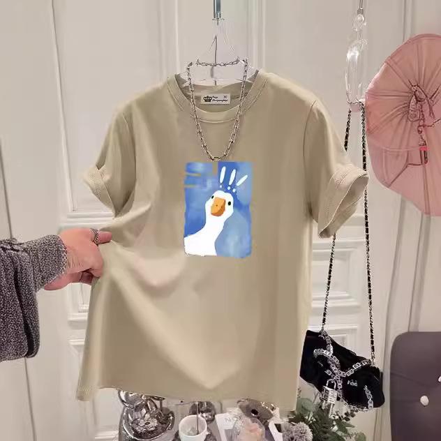 Cartoon Printed Short-sleeved T-shirt for Women In Summer New Fashionable Age-reducing Large-shoulder Pure Cotton Top