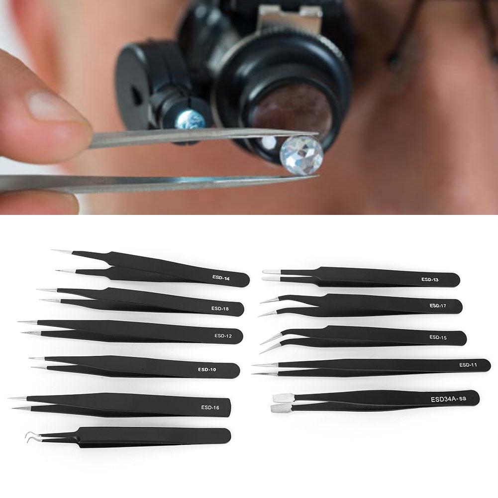 11Pcs Accuracy Tweezers Canvas Bag Set Stainless Steel Straight Ebow Anti Static Tool ESD(Tweezers