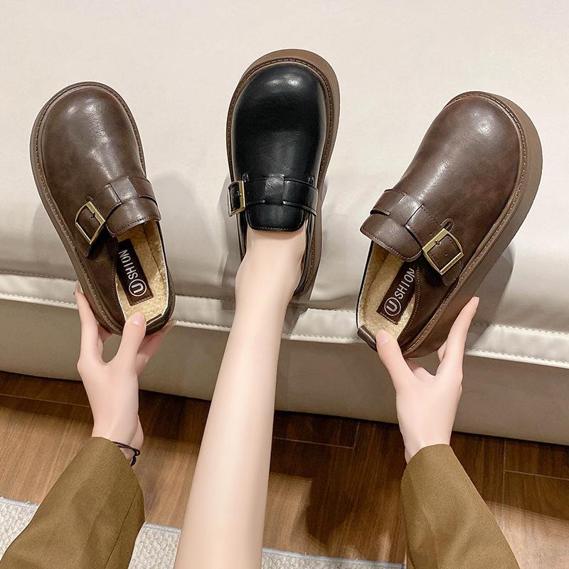 2024 Autumn New Outer Wear Leather Bag Head Cotton Slippers Thick-soled Women's Casual Velvet Lazy One-pedal Leather Slippers