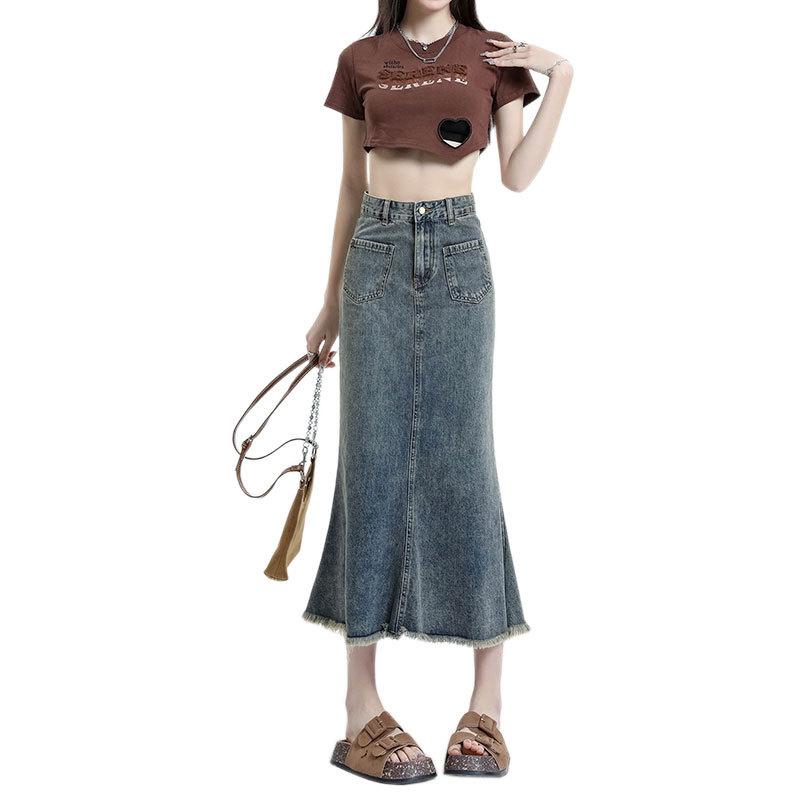 Vintage Old Half-body Skirt Denim Skirt Female Package Hip Design Sense Raw Edge Fishtail Skirt In Long Summer Comfortable Fashion Denim Bustier Skirt