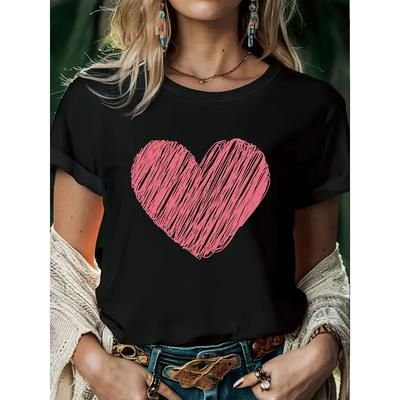 Plus Size, Pink Doodle Heart Graphic Print Plus Size Women's T-shirt, Short Sleeve Crew Neck Casual Top for Summer & Spring, Women's Clothing