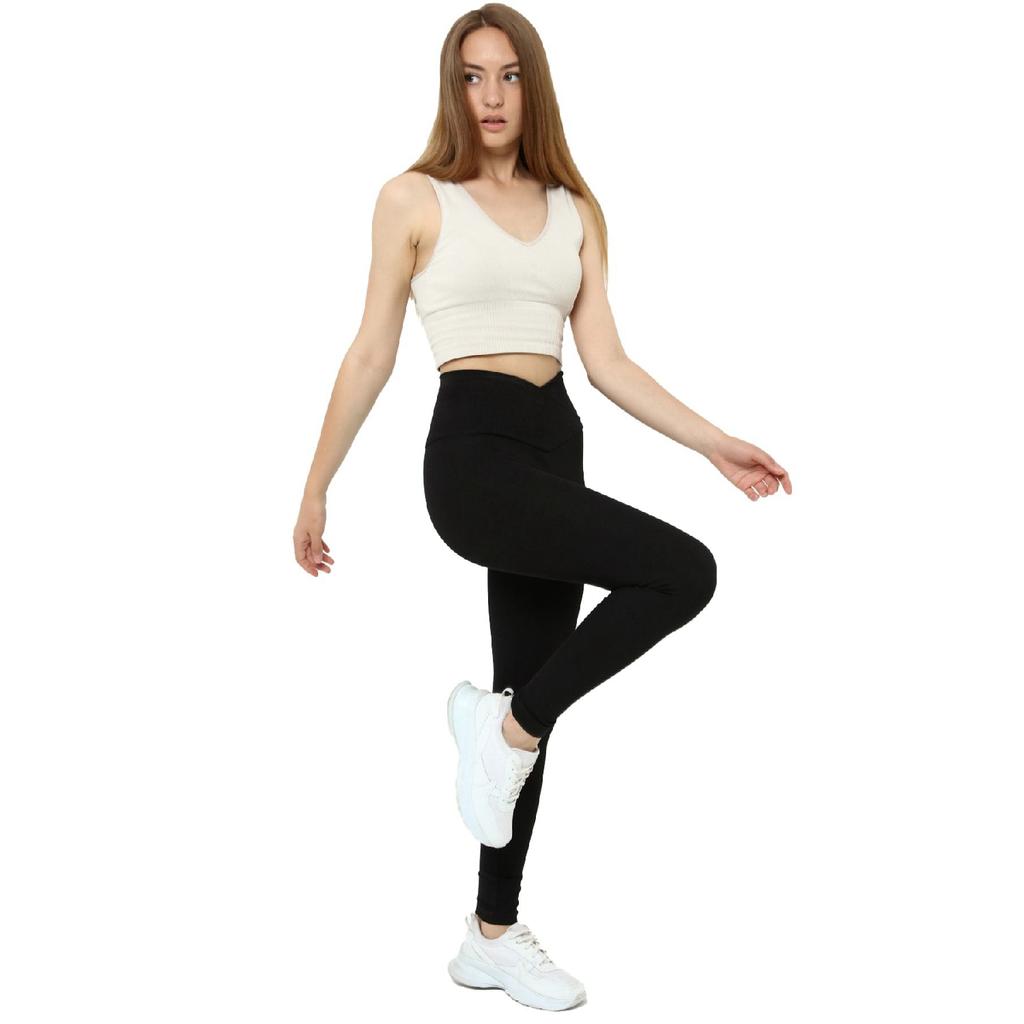 Women's Black Cross Waist Tights With Ribbed Wrap And Fleece Inside