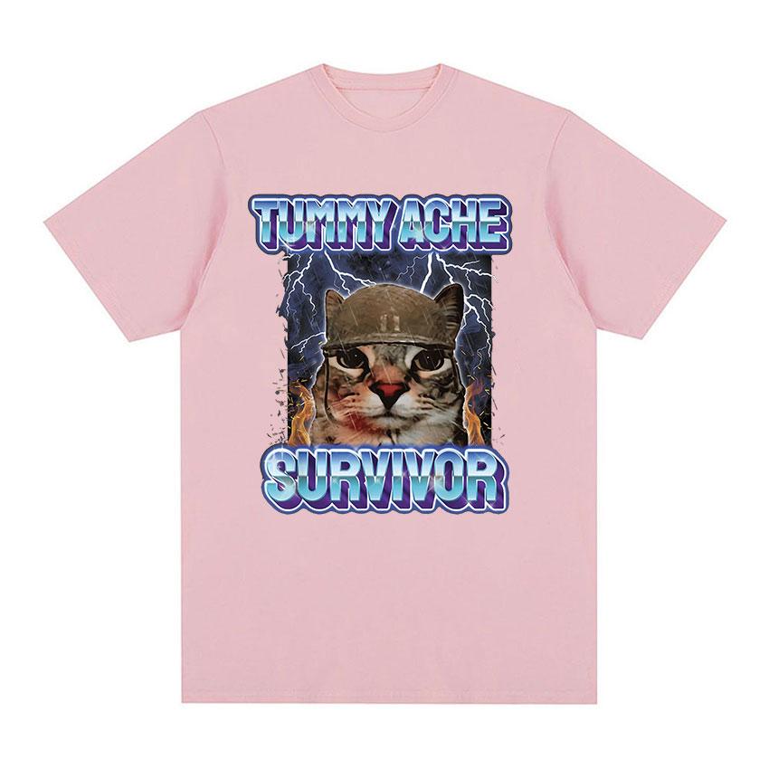 Vintage Tummy Ache Survivor Funny Cat Meme Tee Shirt Men Women Clothing Fashion Short Sleeve T-shirt Casual Pure Cotton T Shirts