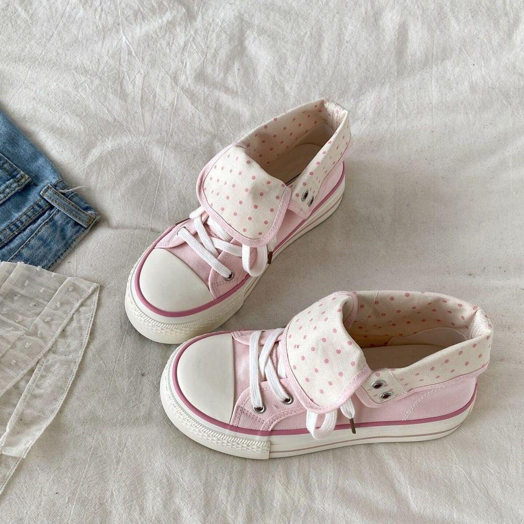 Women's Spring/Autumn Thick-Soled Foldable Canvas Skate Shoes - Dopamine White
