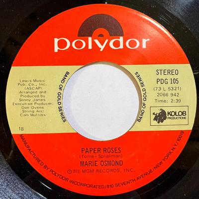 7inch Record MARIE OSMOND - Paper Roses / Who's Sorry Now PDG105 Polydor US Pop Used