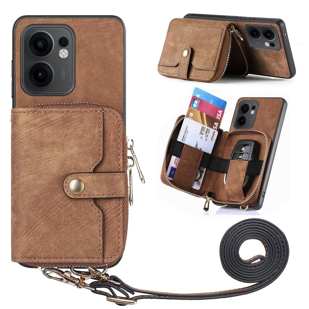 For Oppo Reno13 F 5G PU Leather Phone Back Cover with Zipper Card Holder and Long Strap