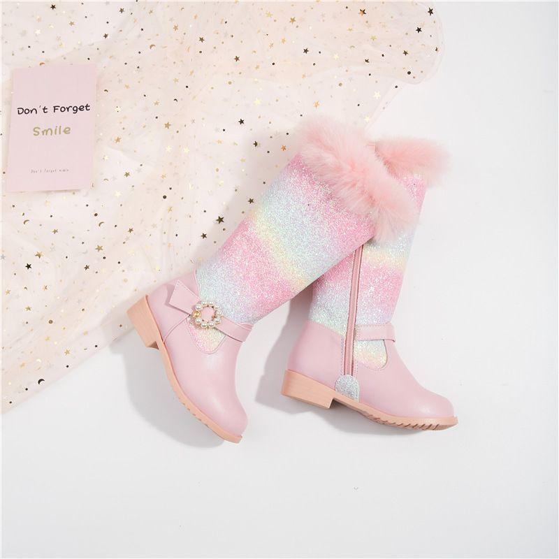 2025 New Autumn Winter Girls Rainbow Princess Fashion Children Pink Boots Knee Length Boots Plush Fur Girls Shoes
