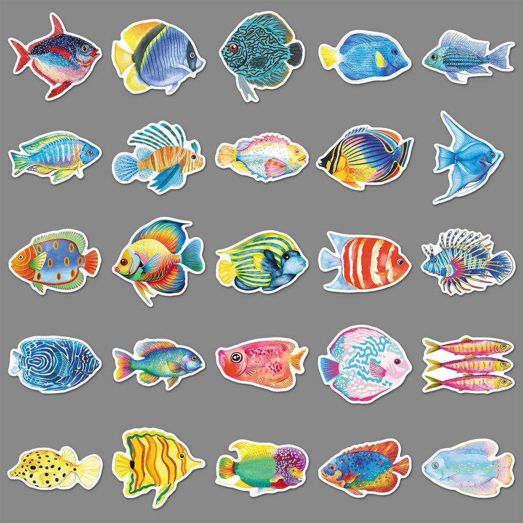 50PCS Waterproof Cartoon Fish Stickers: Marine Life & Underwater Animals for Water Bottles, Journals, and Storage Boxes