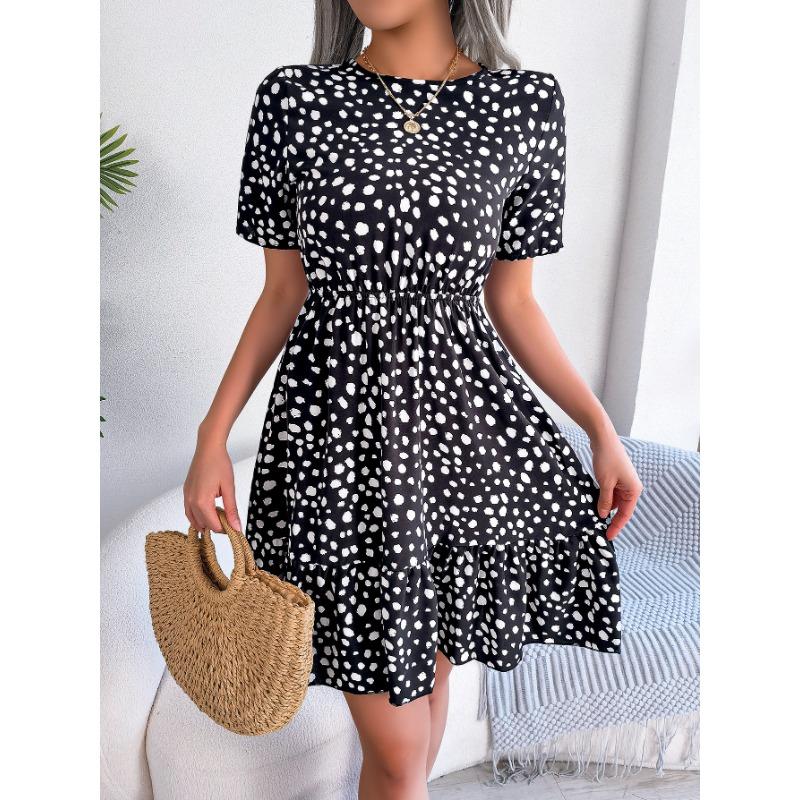 VEZFAA Kvinnemote Sommer Vår Polka Dot Print Kortermet O-hals Høy midje Uformelle kjoler
