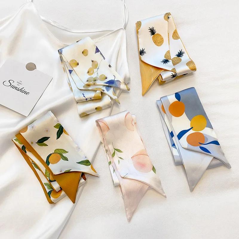 Long Skinny Hair Scarf For Women Fashion Fruit Print Kerchief Cute Headband Silk Satin Neck Scarfs 7*130cm Band Bag Scarves