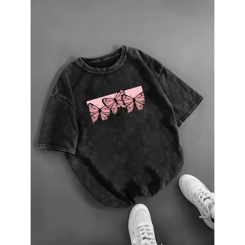 

Pink Monarch Butterfly Block Print Graphic TShirt Retro YK Cute Butterfly Pink Square Short Sleeve Loose Fit Crew Neck Top S