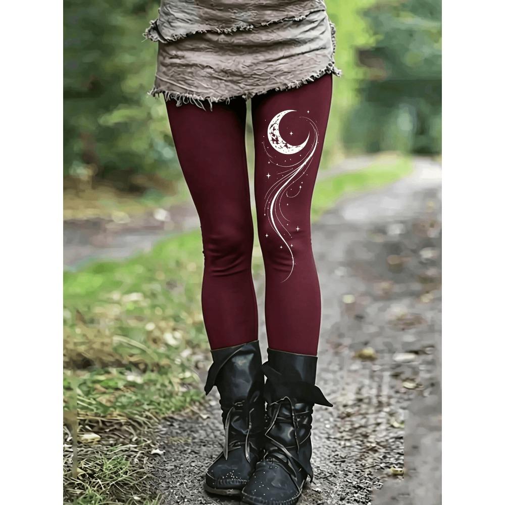 Women's Leggings Vintage Fashion Casual Ankle-Length High Waist Crescent Moon Vine Printing Thermal Warm Soft Breathable Micro-elastic
